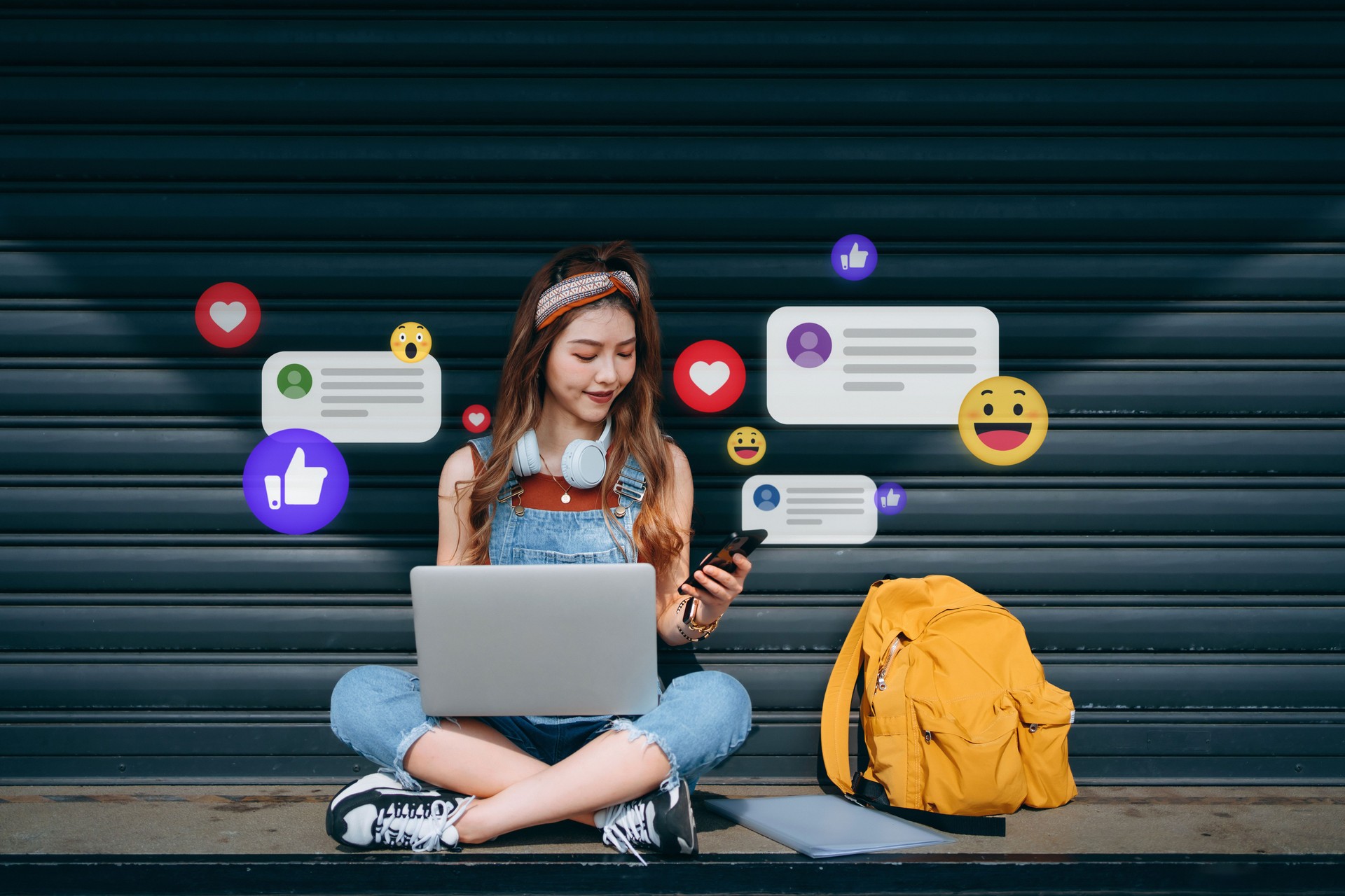 Stylish young Asian woman with headphones sitting against roller shutter with laptop, checking social media on smartphone, receives notification, likes, views and comments. Teenage lifestyle, social media and digital online. People network and technology